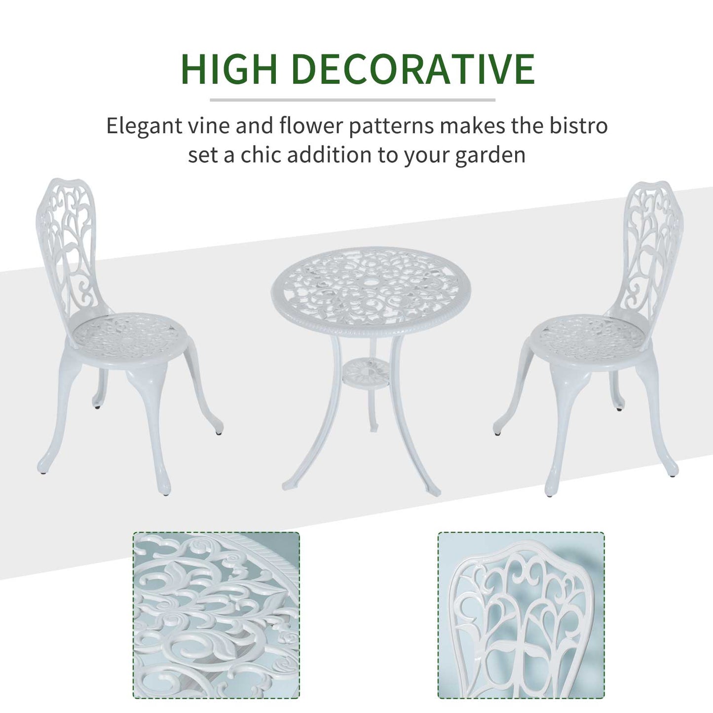 3 Piece Antique Style Outdoor Bistro Set, Patio Table and Chairs with Umbrella Hole, White