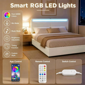 Cadre de lit Queen Size avec station de recharge, éclairage LED, tête de lit réglable, blanc