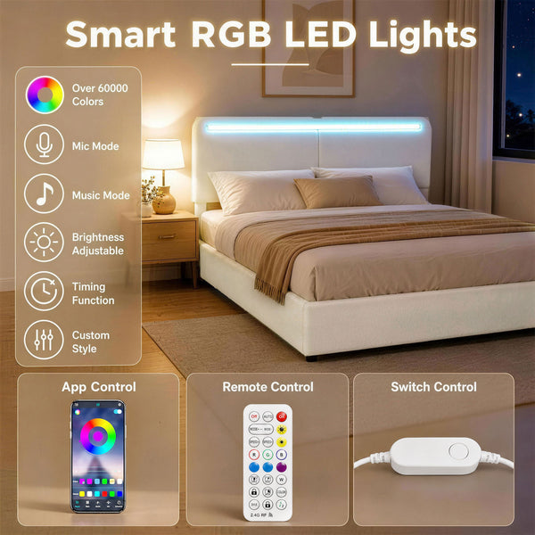 Cadre de lit Queen Size avec station de recharge, éclairage LED, tête de lit réglable, blanc