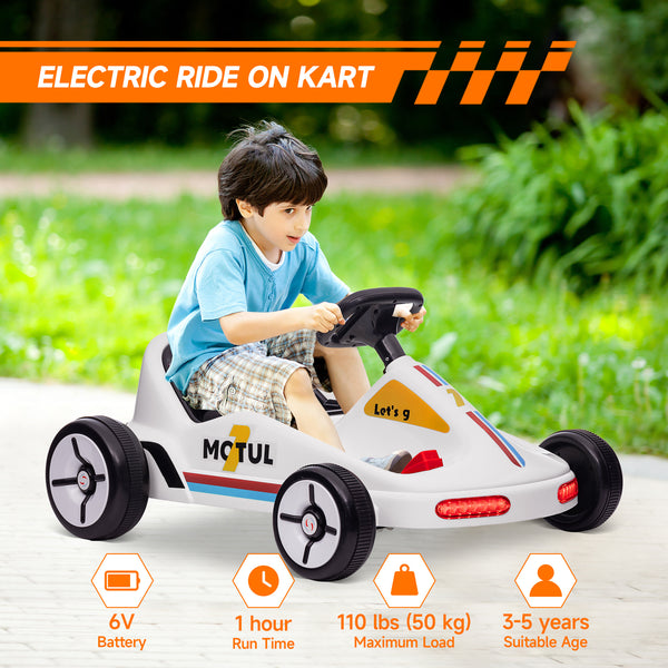 6V electric go-kart for children aged 3 to 5 years with music, lights, horn, white