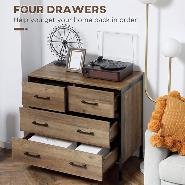 Commode pour chambre à coucher avec 4 tiroirs, structure en métal, marron