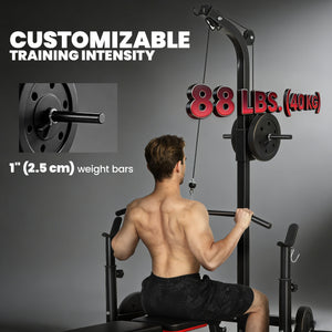 Soozier Cable Machine, Multi-Function Bench Press Rack with Weight Plate Holders, Lat-Pull Down System, Black