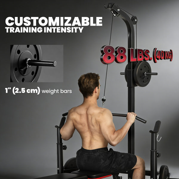 Soozier Cable Machine, Multi-Function Bench Press Rack with Weight Plate Holders, Lat-Pull Down System, Black