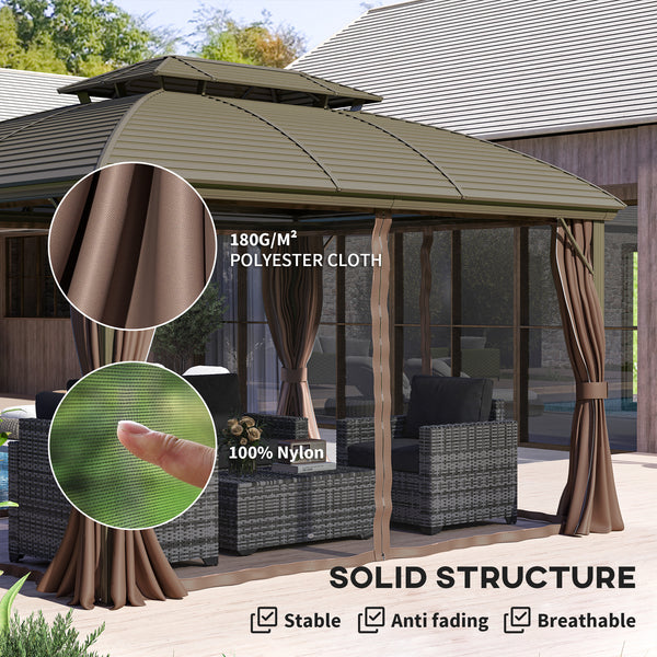 Gazebo 10' x 12' à toit rigide avec double toit, filet et rideaux pour jardin, cour, terrasse,