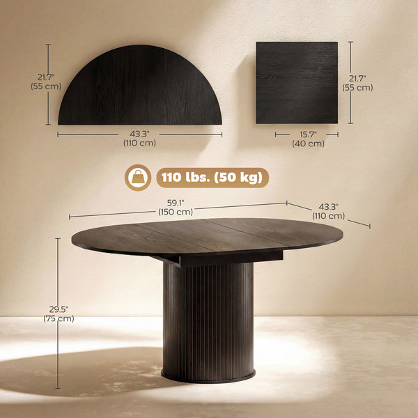 Table de cuisine extensible pour 6 à 8 personnes, style ferme, avec pied central et finition bois noir.