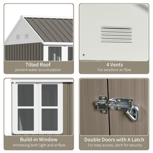 Abri de jardin en métal avec porte verrouillable, aérations, toit incliné, gris clair