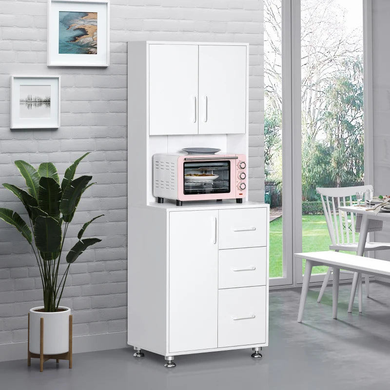 Meuble de rangement avec 2 placards, 3 tiroirs et plan de travail ouvert, blanc