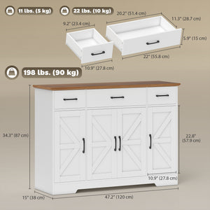 Buffet 47 po avec charnières à fermeture douce, style campagnard, avec 3 tiroirs, étagères réglables et porte-épices, blanc