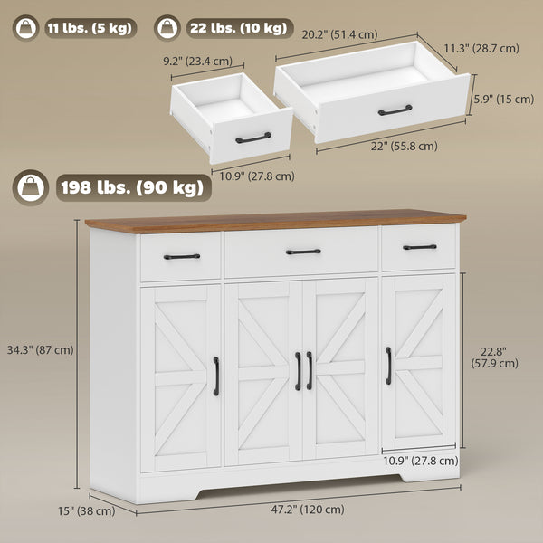 Buffet 47 po avec charnières à fermeture douce, style campagnard, avec 3 tiroirs, étagères réglables et porte-épices, blanc