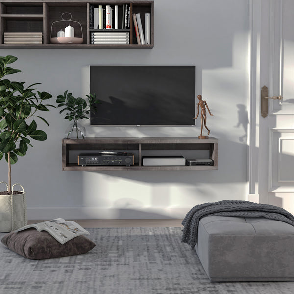 Meuble TV flottant pour téléviseurs 50" avec étagère, grain de bois gris foncé
