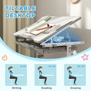 Ensemble table et chaise d'étude à hauteur réglable avec tiroir, gris