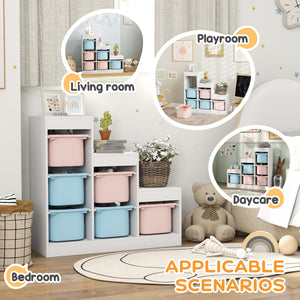 Étagère de rangement à 3 niveaux avec 6 bacs en plastique, bleu et rose