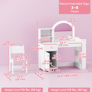 Coiffeuse et chaise avec miroir éclairé, armoire, tiroir et étagères, blanc