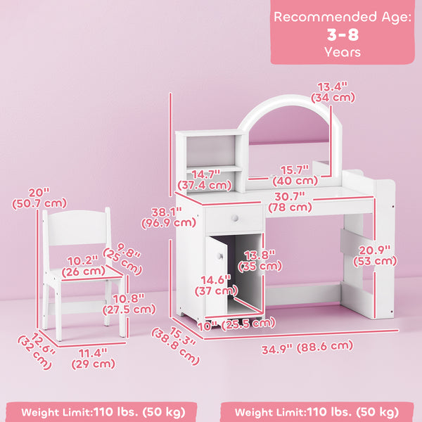Coiffeuse et chaise avec miroir éclairé, armoire, tiroir et étagères, blanc