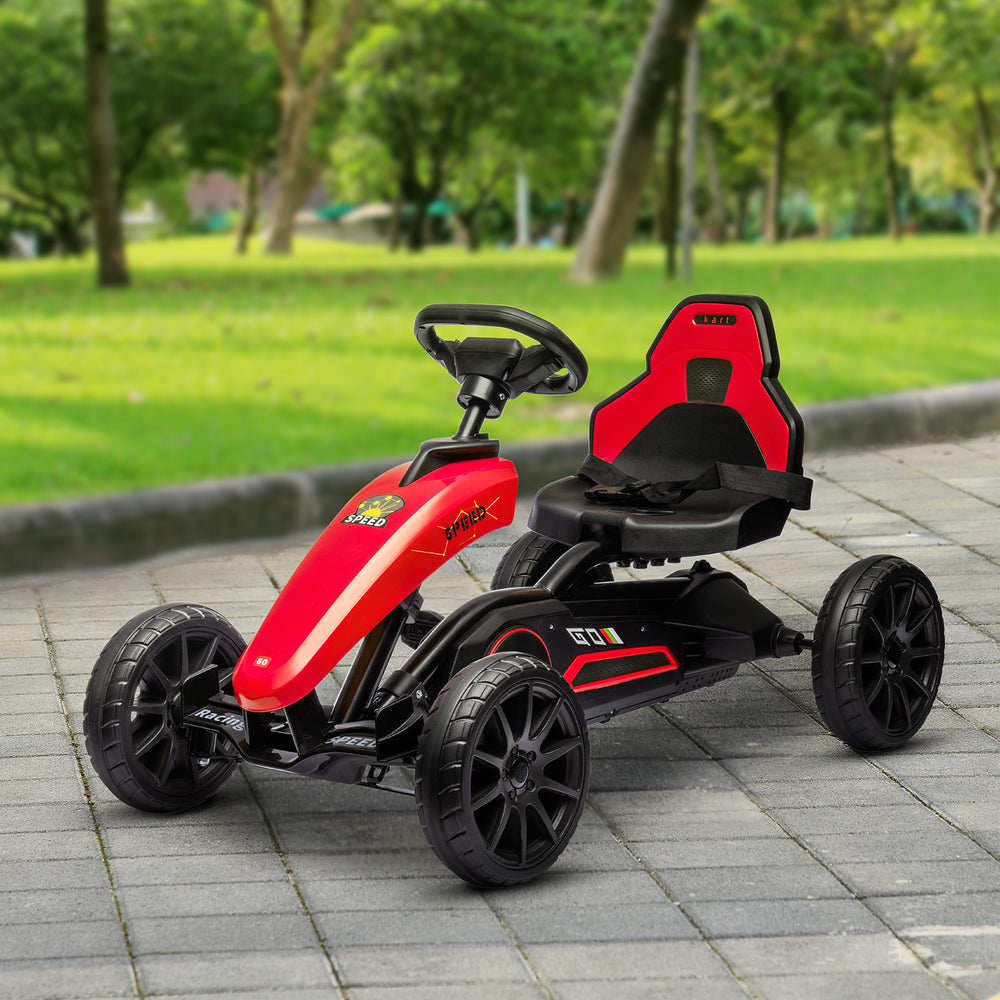 Kart à pédales pour enfants, godet réglable, frein à main, pour les 3-8 ans, rouge