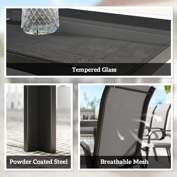 Ensemble de patio 9 pièces avec chaises empilables, plateau en verre pour jardin, terrasse, cour, gris foncé