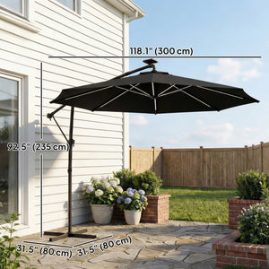 Parasol déporté de 3 m avec éclairage solaire avec rotation à 360°, inclinaison et housse de protection, noir
