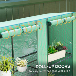 Lean-to greenhouse with 3-tier shelves, green