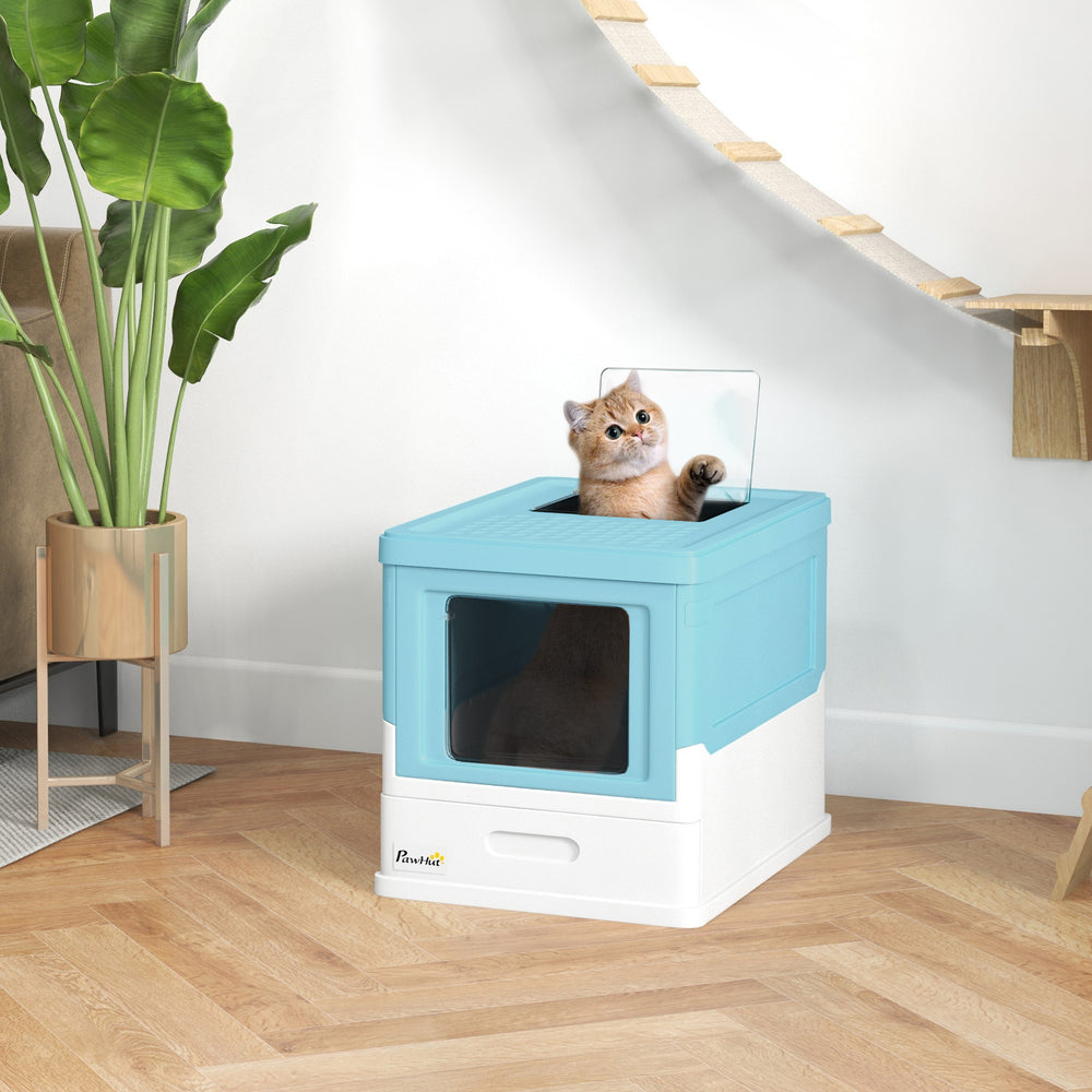 Enclosed litter box with scoop and tray, blue