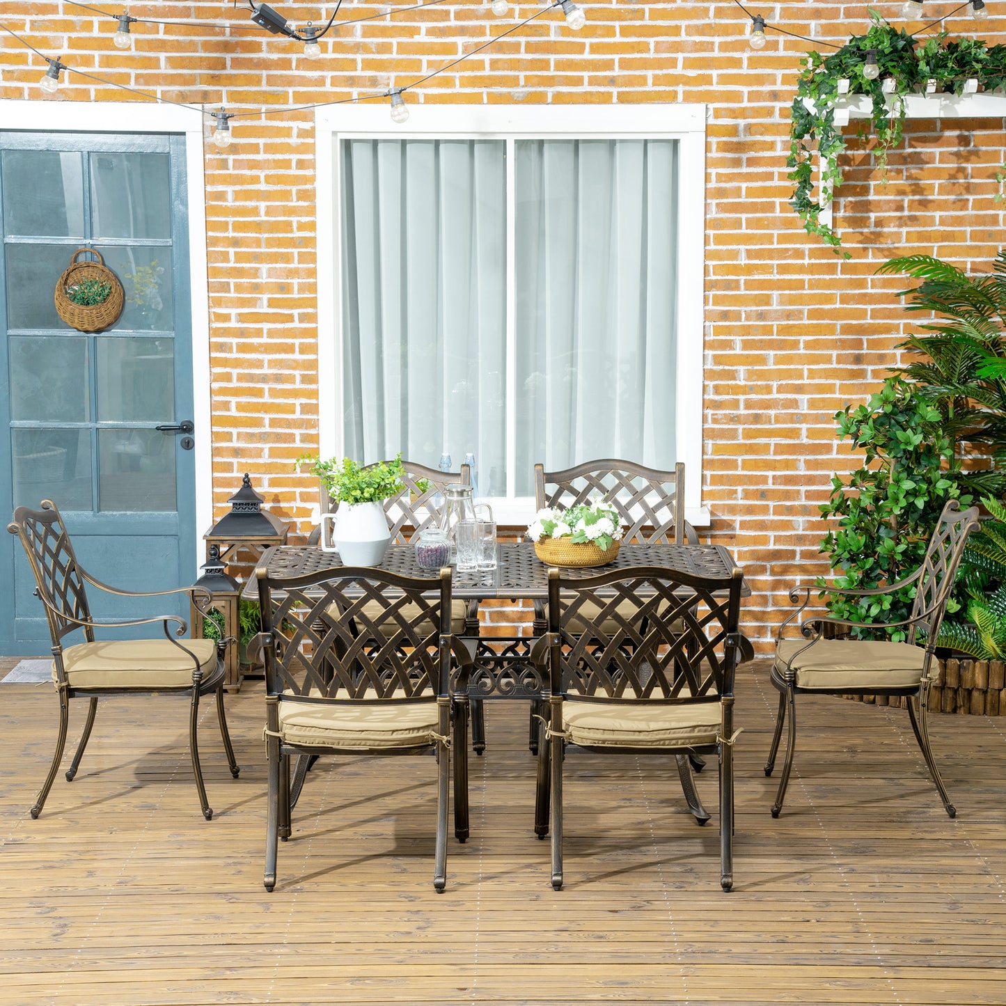 Outsunny 7 Piece Garden Dining Set with Umbrella Hole, Cast Aluminum Outdoor Furniture Set with 6 Padded Chairs and Rectangular Dining Table, for Garden, Lawn and Patio, Khaki