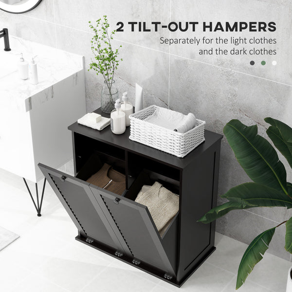 Armoire panier à linge basculant avec 2 paniers et 2 portes persiennes, noir