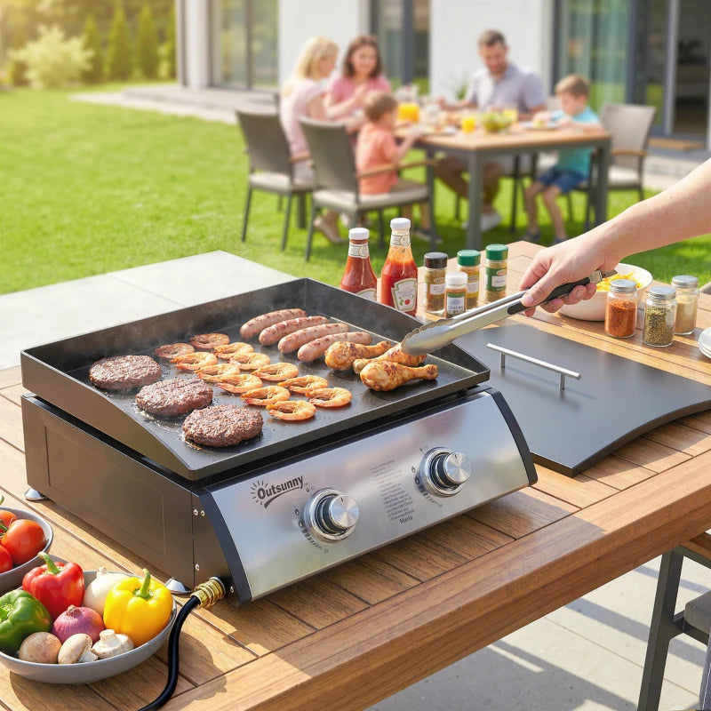 Barbecue à gaz liquide à 2 brûleurs, portable et de table, idéal pour le camping et les pique-niques, couleur argent.