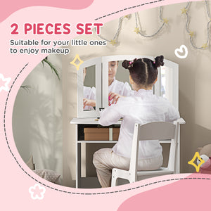 Coiffeuse 2 en 1 avec miroir pliable en trois parties, tabouret et étagère de rangement, blanche