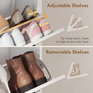 Meuble à chaussures avec 2 tiroirs rabattables étroit de style bohème, blanc