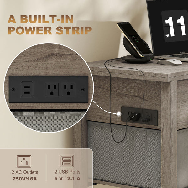 Table basse relevable et extensible avec prises électriques, ports USB et 5 espaces de rangement – Gris foncé