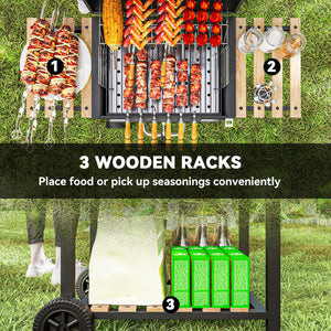 Barbecue au charbon de bois sur roulettes avec bac à charbon réglable, grande surface de cuisson, 3 étagères et thermomètre
