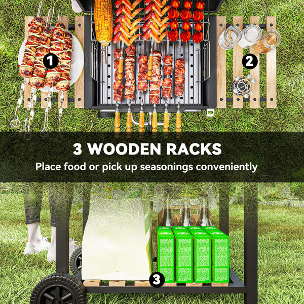 Barbecue au charbon de bois sur roulettes avec bac à charbon réglable, grande surface de cuisson, 3 étagères et thermomètre