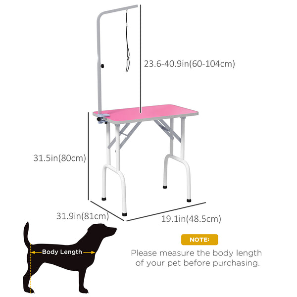 Folding grooming table with adjustable arm and non-slip surface, pink