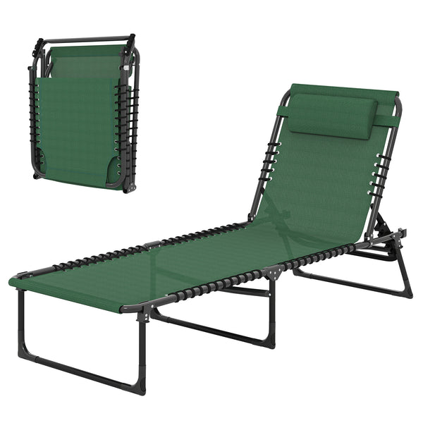 Folding Lounge Chair, Adjustable Chaise Lounge with Headrest, Reclining Lounger Cot for Camping, Hiking, Green