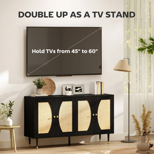 Buffet de rangement bohème avec étagères réglables, portes à fermeture douce et façade en rotin, noir