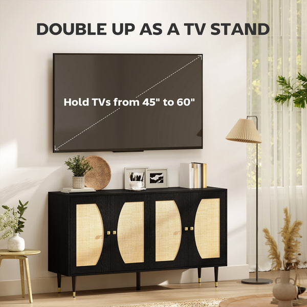 Buffet de rangement bohème avec étagères réglables, portes à fermeture douce et façade en rotin, noir