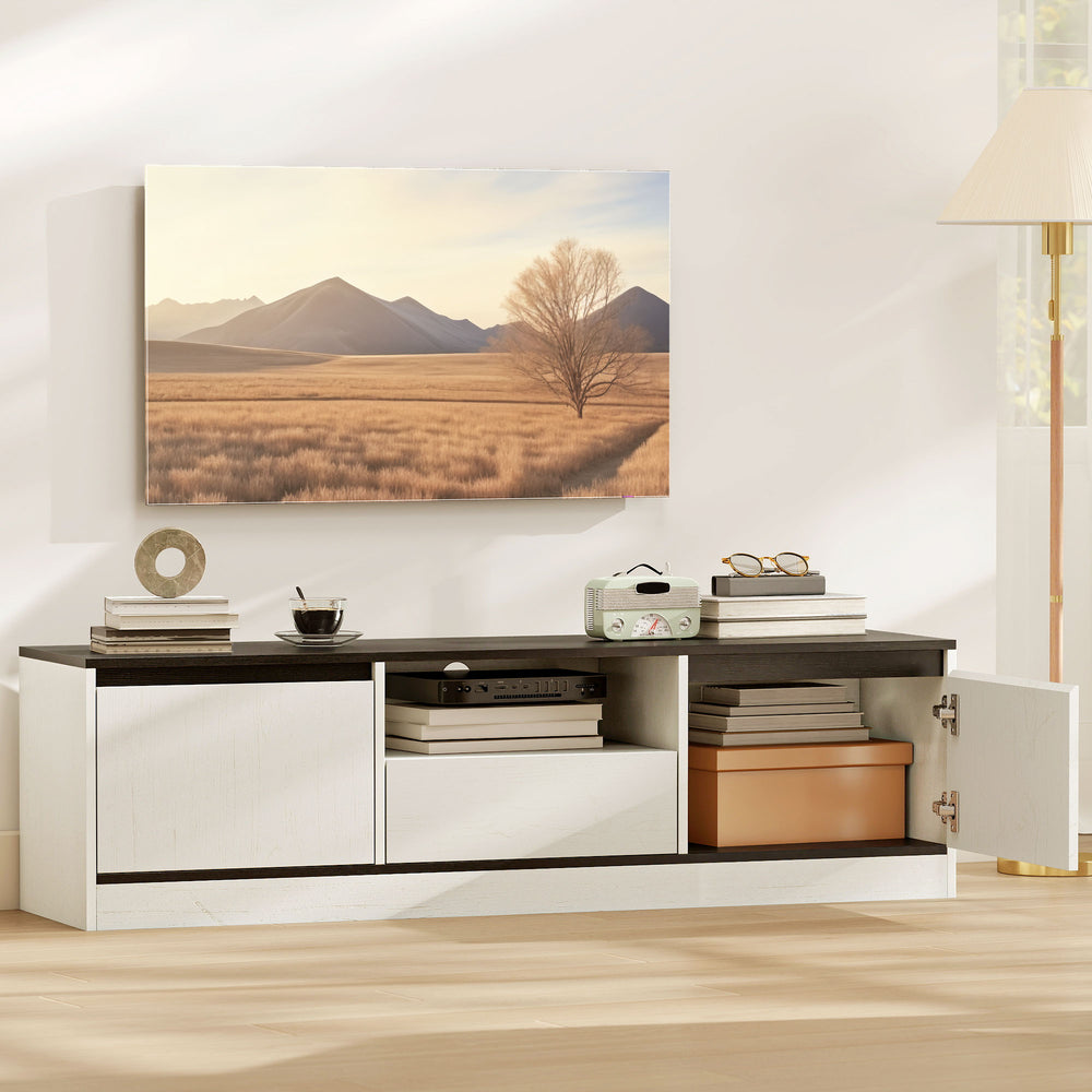 TV stand for 55-60 inch TVs with cupboards, shelf and drawer, white