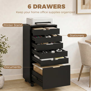 File Cabinet on Wheels Mobile Printer Stand with 6 Drawers for Home Office Black