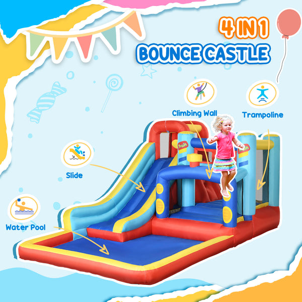 Château gonflable 4 en 1 (4,3 x 2,4 m) avec toboggan, mur d'escalade, zone de saut, piscine et souffleur