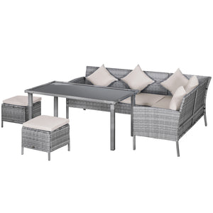 Ensemble de mobilier 5 pièces en résine tressée avec coussins, table et poufs, blanc crème