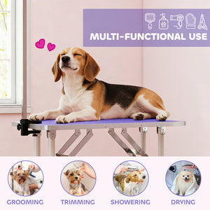 Foldable Pet Grooming Table for Dogs Cats with Adjustable Arm, Non-slip Surface, Purple