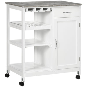 Rolling kitchen trolley with wooden top and drawer, white