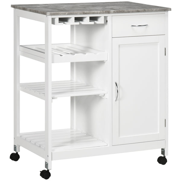 Rolling kitchen trolley with wooden top and drawer, white