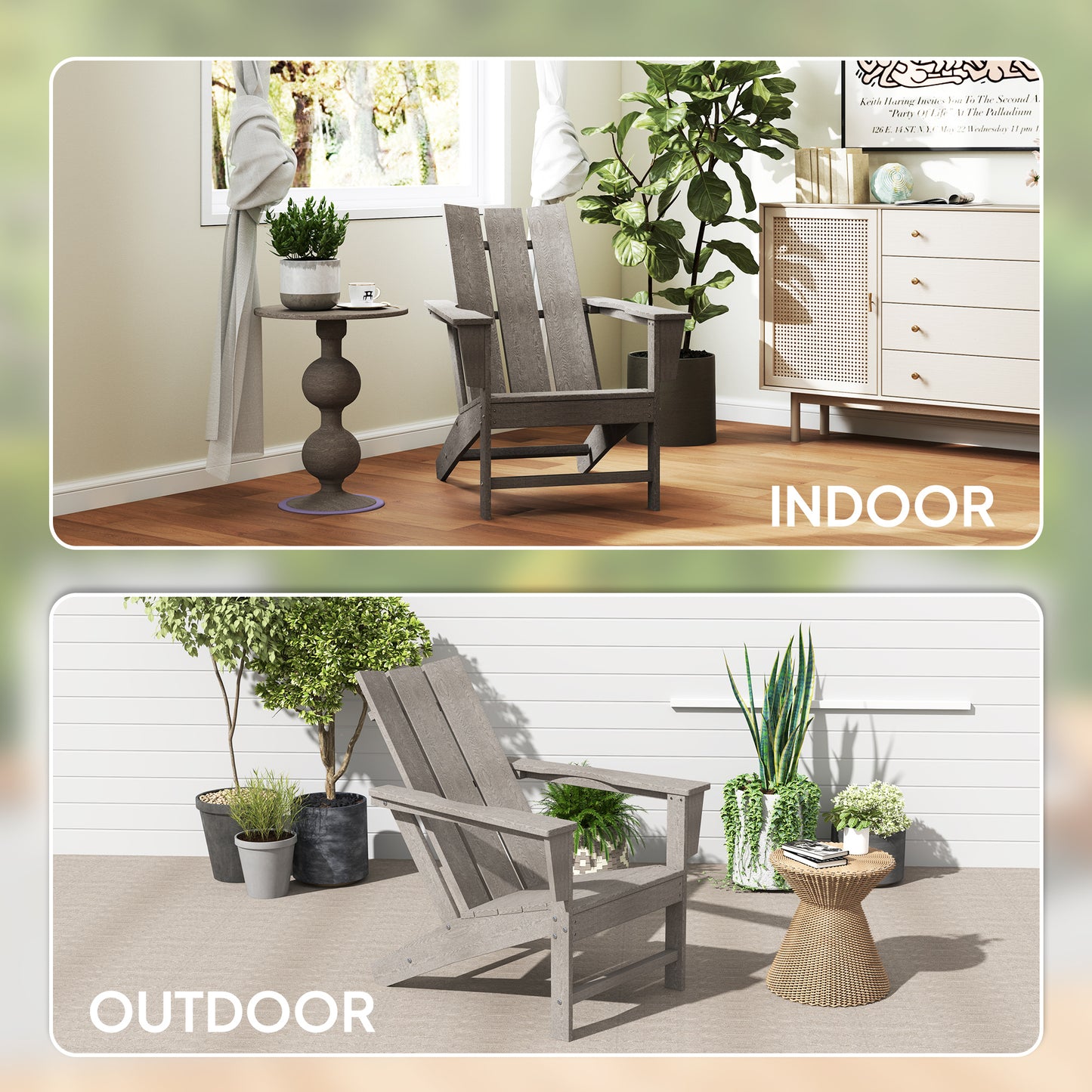 Chaise Adirondack en plastique avec dossier haut et larges accoudoirs, gris foncé