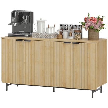 HOMCOM 55 Inch Modern Sideboard, Fluted Buffet Cabinet with Adjustable Shelves, 5 Metal Legs for Kitchen and Living Room, Natural Wood