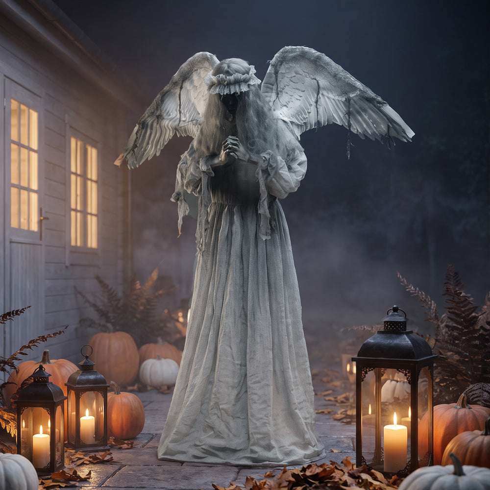 Ange pleureur animé d’Halloween de 63,8 po avec yeux lumineux, sons et mouvements – Gris foncé