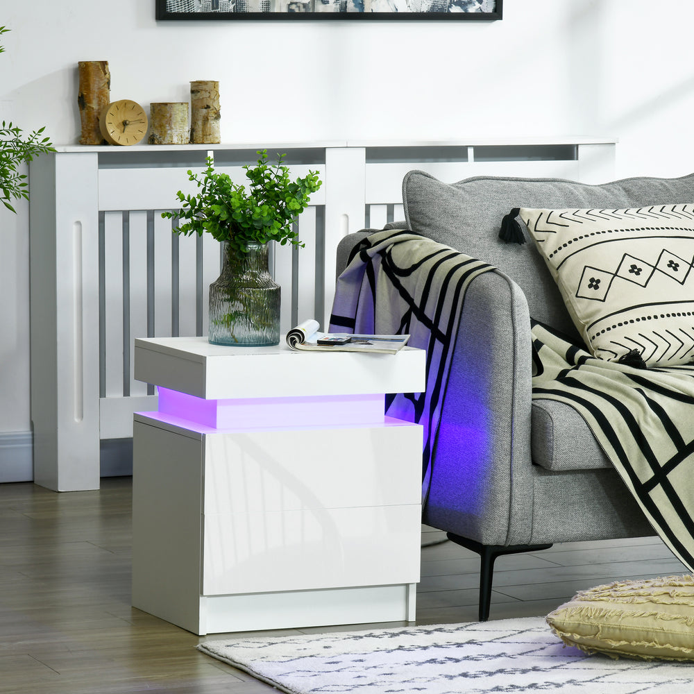 Table de chevet avec éclairage LED et 2 tiroirs pour chambre ou salon, blanche