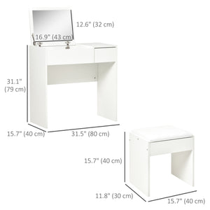 Coiffeuse moderne avec miroir rabattable et tabouret rembourré, blanc
