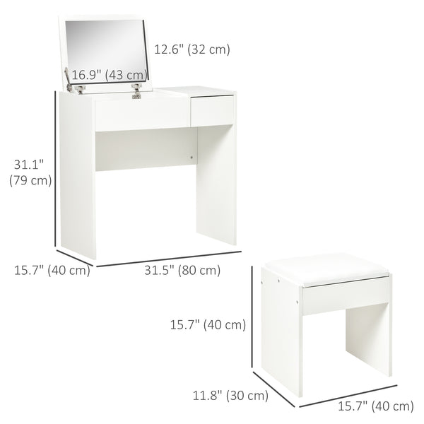 Coiffeuse moderne avec miroir rabattable et tabouret rembourré, blanc