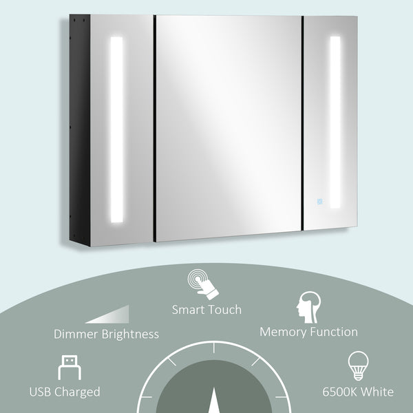 Armoire à pharmacie murale avec étagère réglable, chargement USB, noir brillant