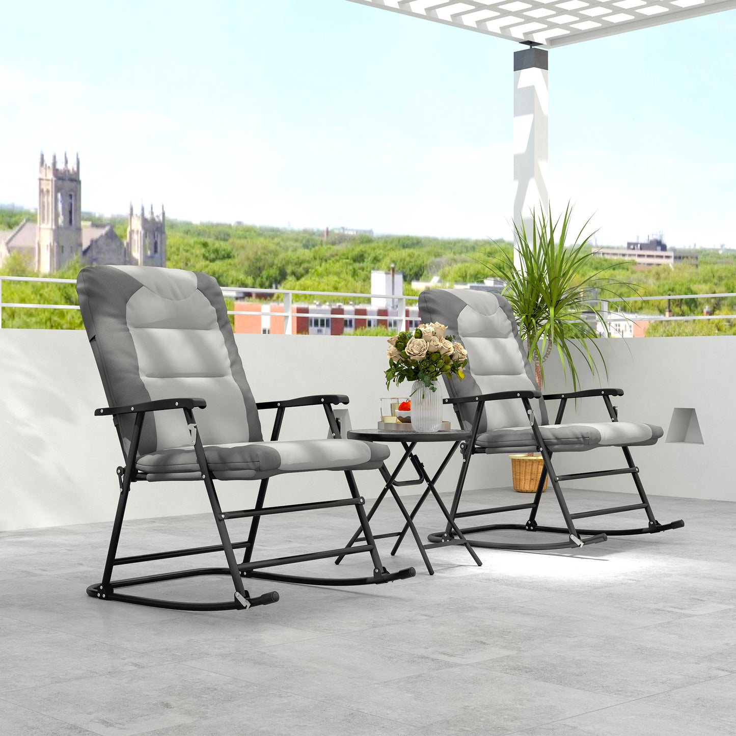 Ensemble 3 pièces chaises à bascule pliables d'extérieur Outsunny, gris clair